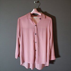 Blush Pink Sheer Button Down Blouse Shirt Pleated Back High Low Top Large?